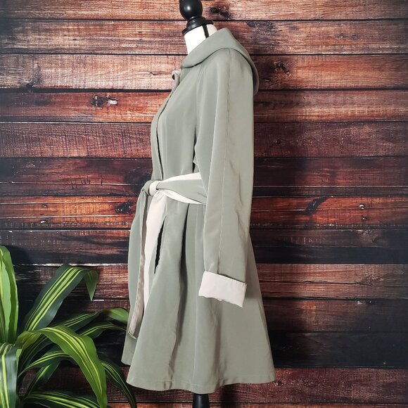 American Bazaar Vintage Coat Jacket L Long Hooded Belted Olive Green Pockets - Picture 6 of 13